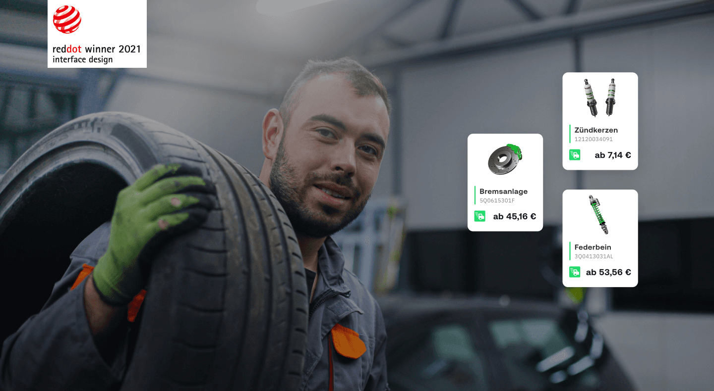 Cover picture with a ‘Reddot award 2021’ label, some auteon product tiles and a car mechanic carrying a tyre.