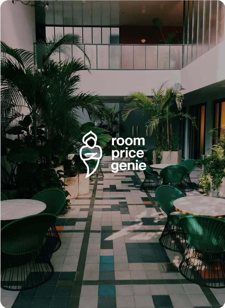 &why: RoomPriceGenie Product - Logo on picture of a hotel lobby with palm trees