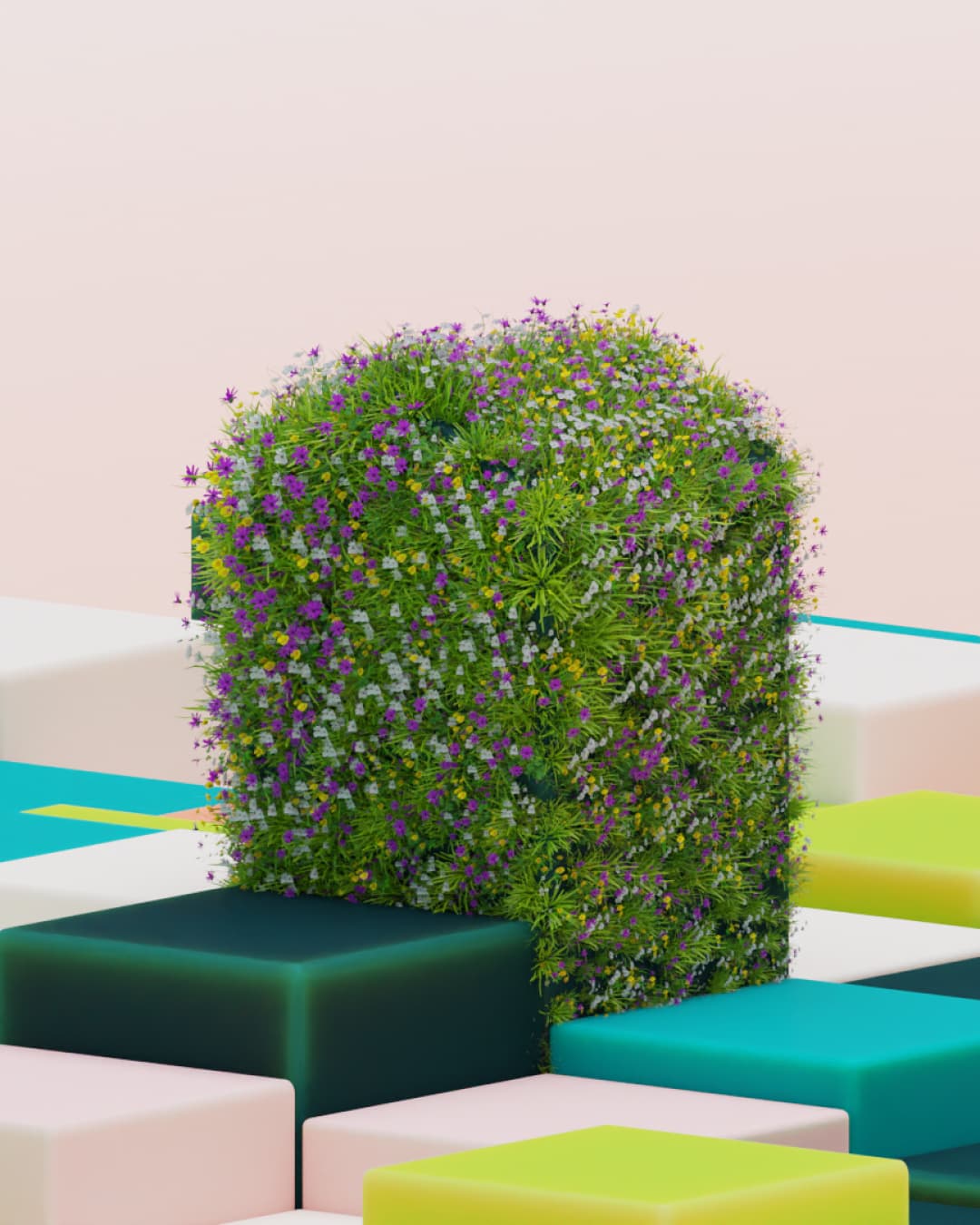 &why: GWH - Abstract 3D scene with colorful cubes and house that is grown over with grass