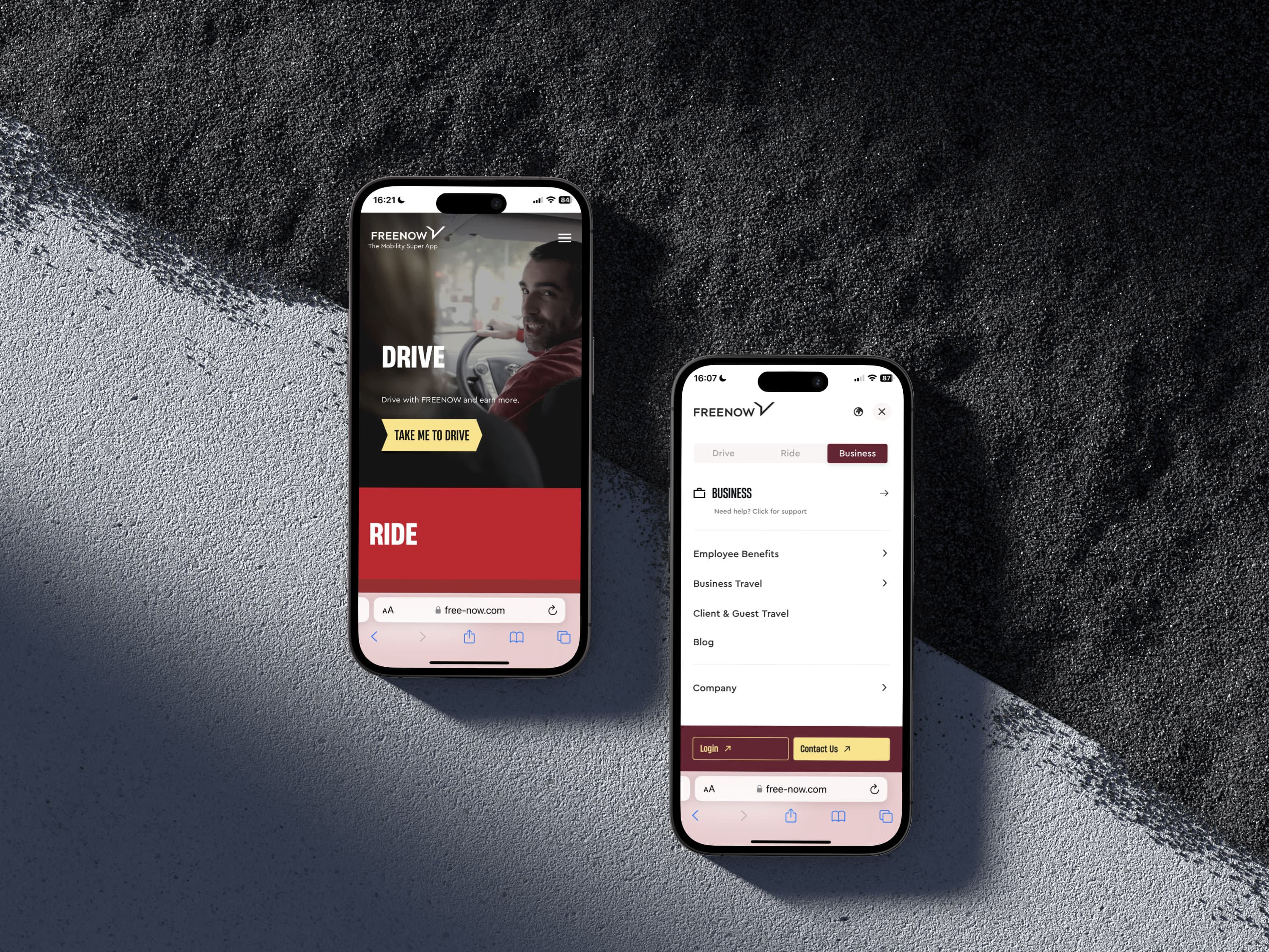 &why: Freenow - Smartphones showing the Website Intro and the the Navigation