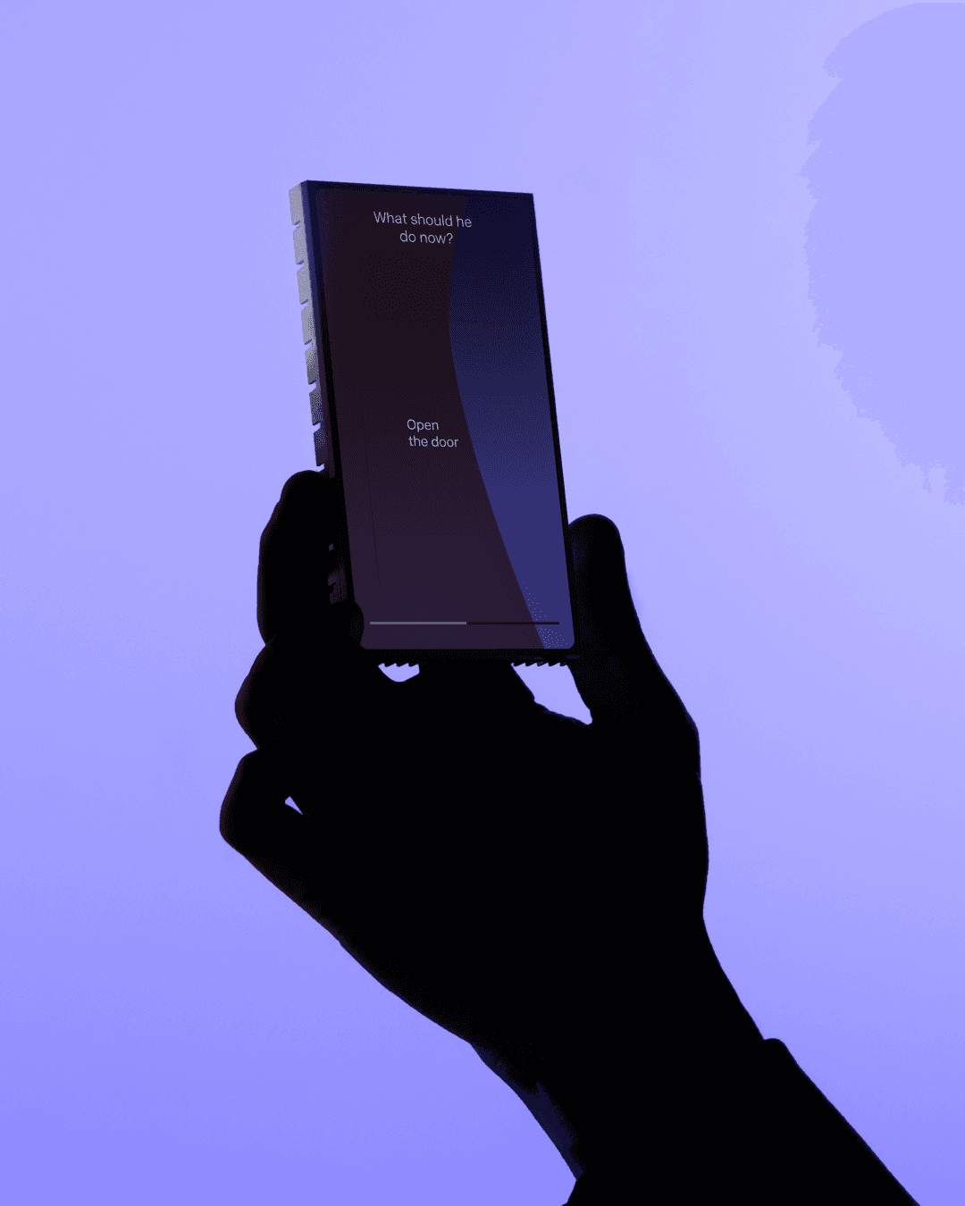A silhouetted hand holding a rectangular device against a purple background. The screen displays text: "What should he do now?" and "Open the door" in a minimalistic interface.