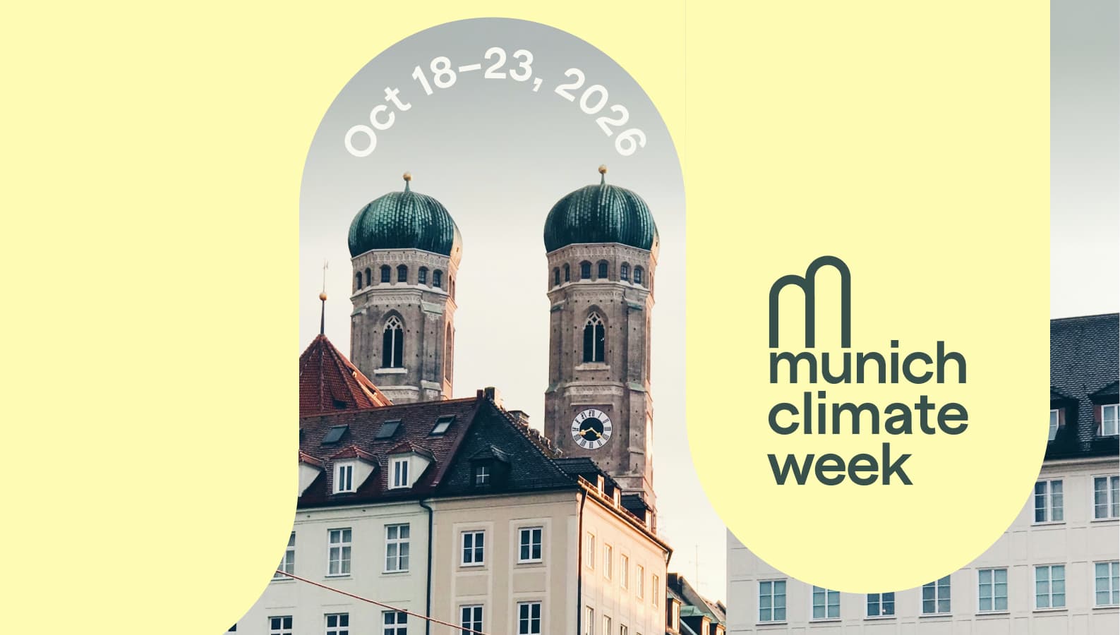 Poster with the Munich Frauenkirche and branded elements and logo