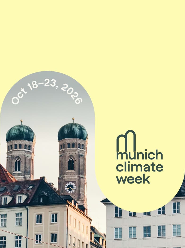 Poster with the Munich Frauenkirche and branded elements and logo